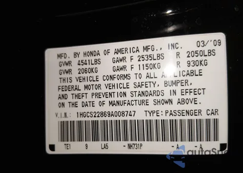 2009 Honda Accord 3.5 Ex-L from USA, damaged, VIN 1HGCS22869A008747